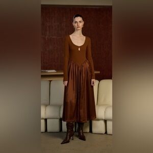 Ancosti Patchwork Long Sleeve Maxi Dress Size Small Cutout Neck Flowy Skirt